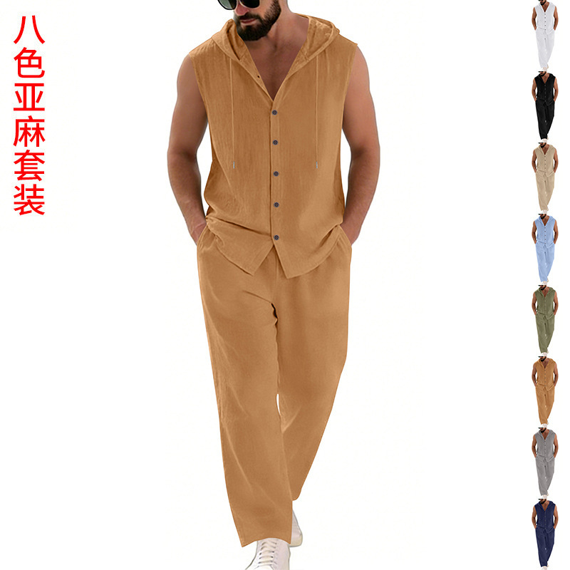 Summer Clothing - Erkek Günlük Keten Takım Elbise Kapüşonlu