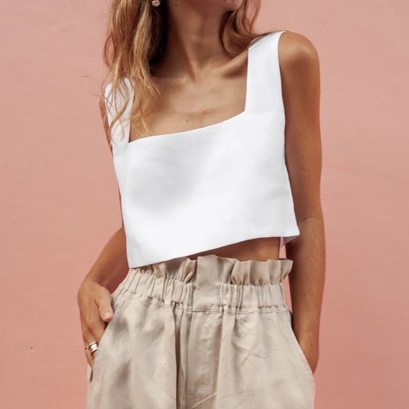 Summer Green Clothing - %100 Keten Beyaz Crop Top 2026